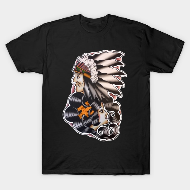 Native American with Lady Face Tattoo Design T-Shirt by forevertruetattoo